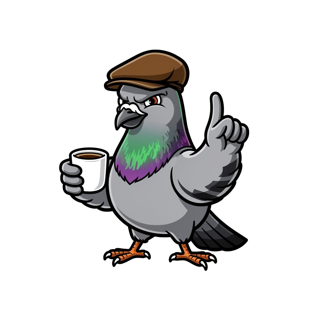 Mutha Pidge, a tough-but-lovable pigeon mascot holding a coffee